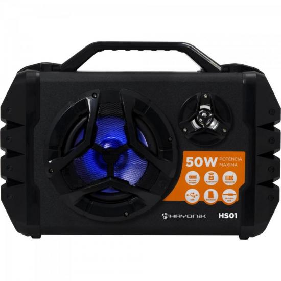 Caixa de Som Portátil 50W Bluetooth/MicroSD/USB/FM HS01 Preta HAYONIK Caixa de Som Portátil 50W Bluetooth/MicroSD/USB/FM HS01 Preta HAYONIK